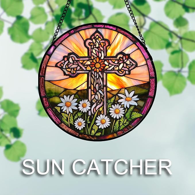 DASTOLL Christian Gifts for Women - Cross Stained Glass Window Hanging Jesus Easter White Daisy Flower Sun Catcher Garden Religion Decor Mother's Day Catholic Gift for Men Grandma Nana Her 11.8"