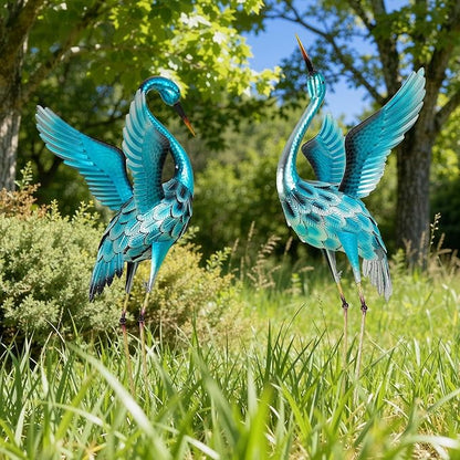 Extra-Large Blue Heron Decor, Handcrafted 47.5" Metal Crane Statue with Stable U-Ground Stakes, Backyard Decoration, Metal Garden Bird Animal Yard Art, Lawn Ornament Decor