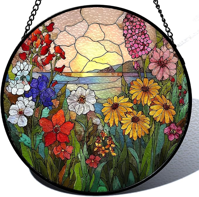 Stained Glass Sun Catcher Window Hanging - Wildflowers Green Plants Design, Indoor Decor Gifts for Mother's Day, Birthday, Christmas - Perfect for Women, Men, Mom Home Window Decor(Wildflowers) 7.8in