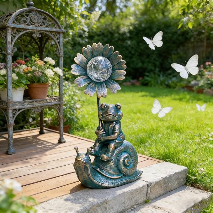 Solar Powered Frog on Snail Sculpture with Iron Flower & Glass Ball, Outdoor Garden Accent