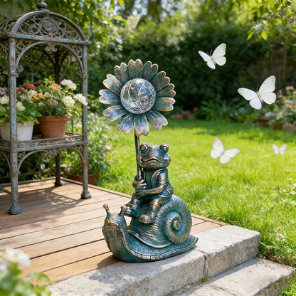 Solar Powered Frog on Snail Sculpture with Iron Flower & Glass Ball, Outdoor Garden Accent