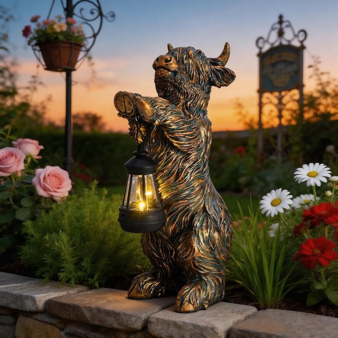 TERESA'S COLLECTIONS Highland Cow Garden Decor with Solar Lantern,High Mountain Yak Yard Decorations Outdoor, Holding Light Resin Outdoor Statues for Patio Porch Lawn,Gifts for Mom Dad 10"