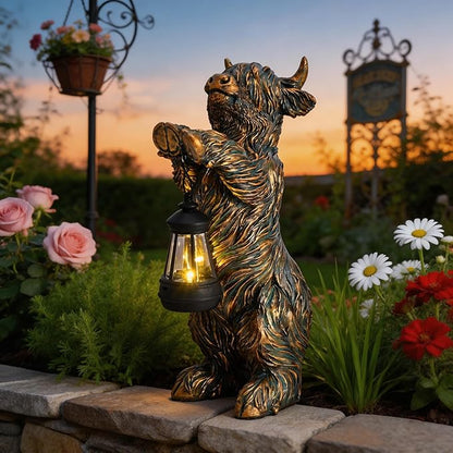 TERESA'S COLLECTIONS Highland Cow Garden Decor with Solar Lantern,High Mountain Yak Yard Decorations Outdoor, Holding Light Resin Outdoor Statues for Patio Porch Lawn,Gifts for Mom Dad 10"