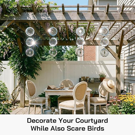 Stainless Steel Wind Spinners Outdoor, 12PCS 3D Mirror Reflective Hanging Decor with 360° Swivel Hooks, Garden Patio Yard Wind Chimes, Reflective Design Helps Keep Birds Away