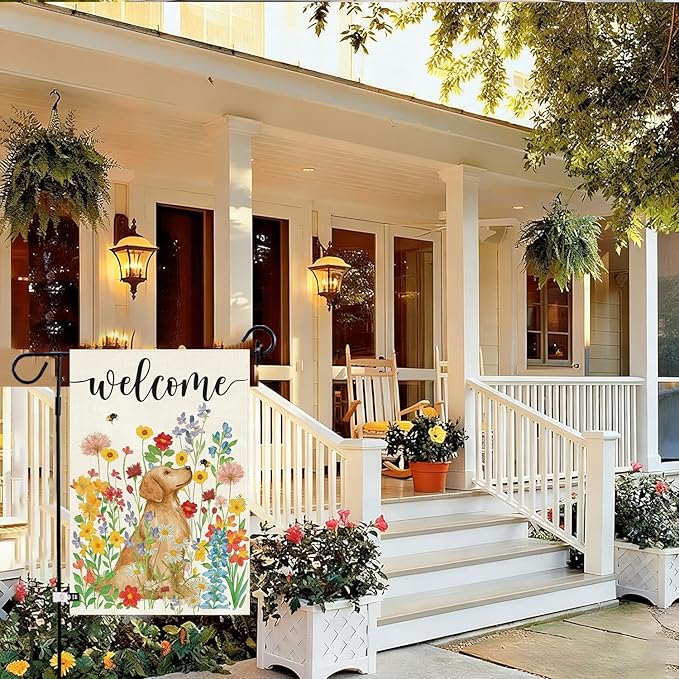 Baccessor Spring Summer Dog Garden Flag 12.5x18 Inch Double Sided Burlap,Floral Flowers Flag Farmhouse Holiday Front Yard Lawn Outdoor Outside Decoration