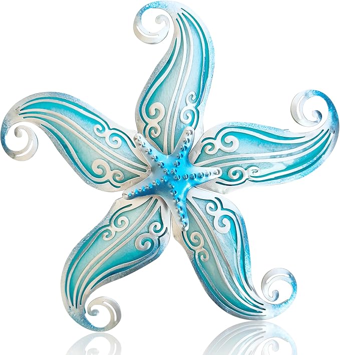POXOHO Starfish Coastal Wall Decor Art, Starfish Beach Theme Bathroom Decor for Bedroom House Home, 12" Hanging Glass Sculpture, Beach Wall Art Ocean Gifts for Women & Men (Sky Blue)