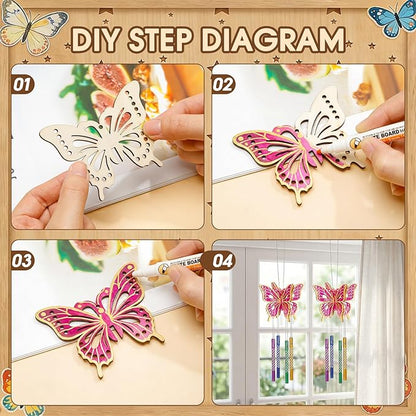 Leinuosen 30 Pcs Butterfly Wind Chime Kit for Kids Make Your Own Butterfly Wind Chimes Decorative DIY Coloring Wooden Crafts for Spring Art Activities Garden Home Patio Party Decorations
