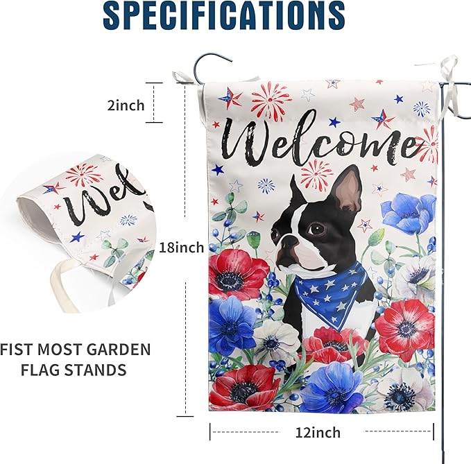 4th of July Boston Terrier Garden Flag Red White Blue Floral Dog Yard Flags Small Memorial Independence Day Banner 12x18 Double Sided for Outside Outdoor Patriotic Decor