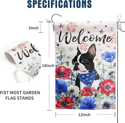 4th of July Boston Terrier Garden Flag Red White Blue Floral Dog Yard Flags Small Memorial Independence Day Banner 12x18 Double Sided for Outside Outdoor Patriotic Decor