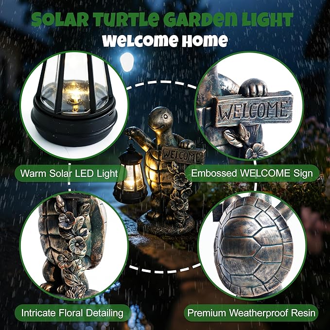 Solar Garden Statues, Resin Turtle Statue w/ Welcome Sign, Waterproof Figurine Solar Latern for Outside Yard Outdoor Home Patio Lawn Decor, Solar Animal Lights for Adults Women Birthday Easter Gifts