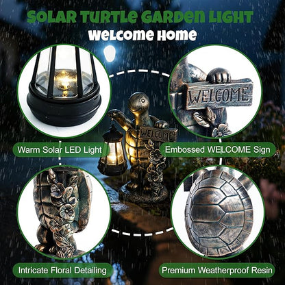 Solar Garden Statues, Resin Turtle Statue w/ Welcome Sign, Waterproof Figurine Solar Latern for Outside Yard Outdoor Home Patio Lawn Decor, Solar Animal Lights for Adults Women Birthday Easter Gifts