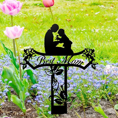 Rustic Metal Cross Memorial Stake, Mom Dad Grave Site Decorations Artificial Flowers for Cemetery, Ideal for Yard, Garden, Lawn & Tombstone, Cemetery Decorations for Grave (Mom)