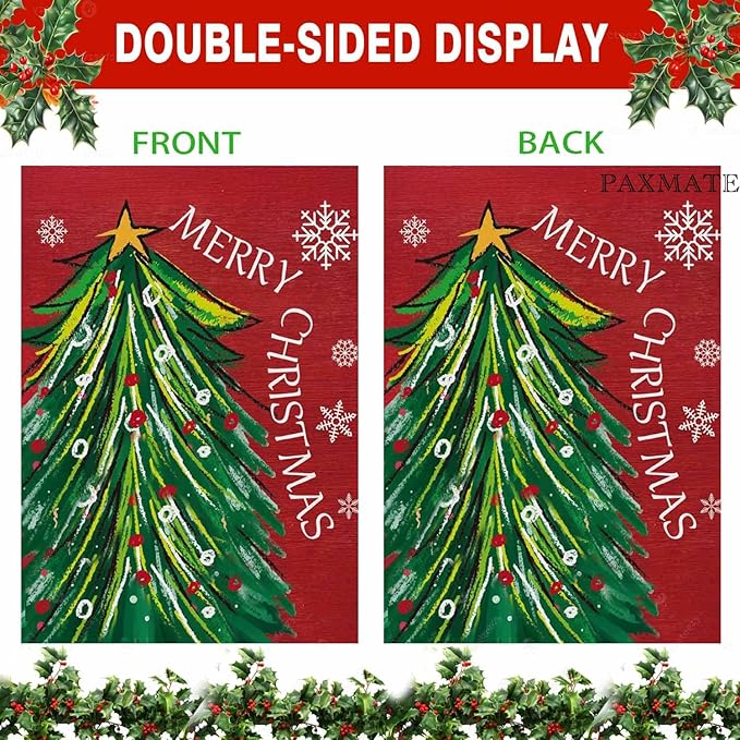 Merry Christmas Garden Flag 12x18 Inch Double Sided, Christmas Tree Xmas Winter Yard Outdoor Flag for Holiday Seasonal Decoration