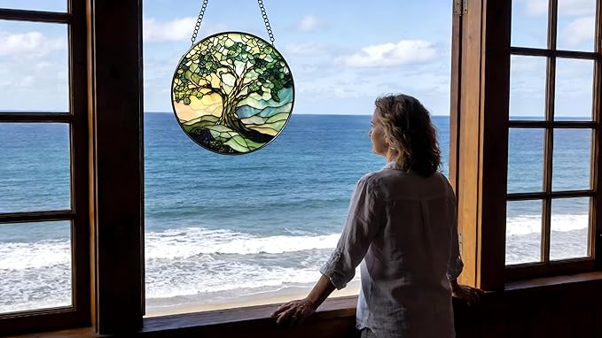 Funoasis Stained Glass Window Hanging 6.3 Inches Suncatcher - The Green Tree On The Mountaintop Ornaments Sun Catcher Home Decor Women Birthday