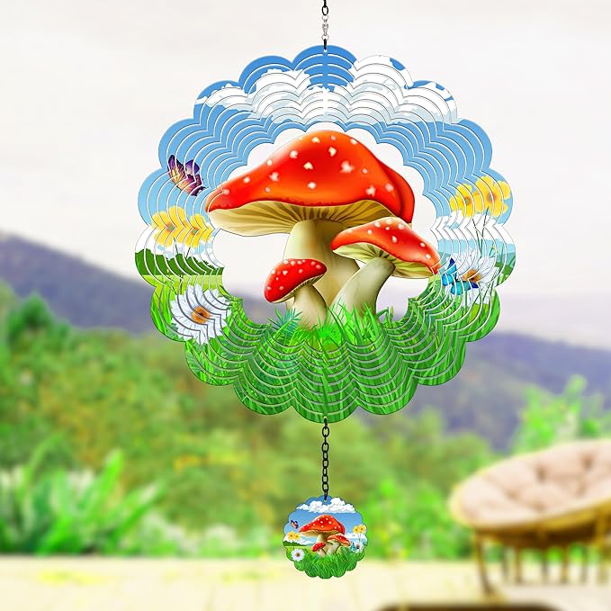 J-Fly Hanging Outdoor Garden Decor, Colorful Red Mushroom Wind Spinners, Ornaments Kinetic Yard Art, Unique Gifts for Women