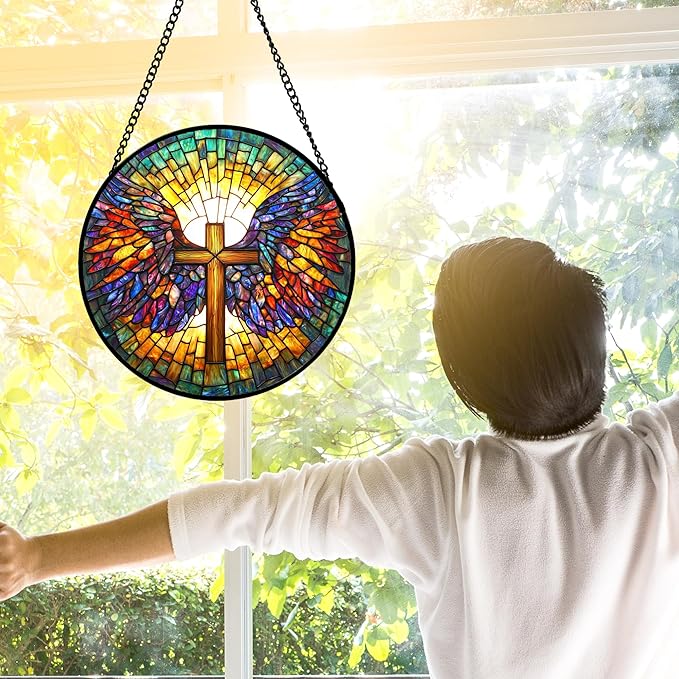 DASTOLL Stained Glass Window Hanging - Jesus Cross Wings Suncatcher Ready to Hang Window Doors Home Decoration and Christmas, Mother's Day Birthday Gifts for Women, Men, and Mom 9.8x9.8 in