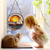 DASTOLL Stained Glass Window Hanging, Sun Ocean Sailboat Seagull Abstract Suncatcher Diamond Glass Panel Sun Catchers Decor for Birthday for Women, Men, Wife, Aunt, and Mom 11.8x11.8 in