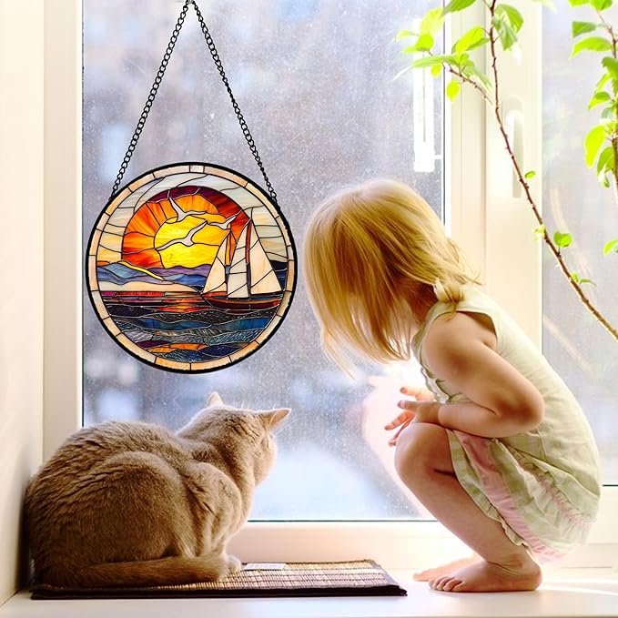 DASTOLL Stained Glass Window Hanging, Sun Ocean Sailboat Seagull Abstract Suncatcher Diamond Glass Panel Sun Catchers Decor for Birthday for Women, Men, Wife, Aunt, and Mom 6.3 in