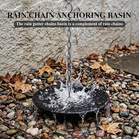Rain Chain Anchoring Basin Metal Bowl Downspout Gutters Decorative Fountain Dish Display for Outdoor Garden, Lawn and Patio Water Feature 10.66 Inches Dia, Matte Black