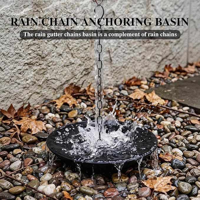 TZSSP Rain Chain Basin, Anchoring Basin for Downspout, Metal Bowl for Rain Chain Downspout Gutters, Rain Basin for Outdoor Garden, Lawn & Patio Water Feature, 11 Inches Diameter, Black