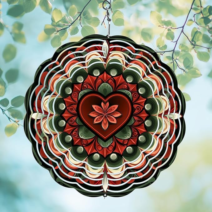 Green Mandala Wind Spinners Outdoor, Hanging Wind Spinner for Garden Decoration, 8 inch 3D Stainless Steel Metal Wind Sculpture for Indoor/Outdoor Decor