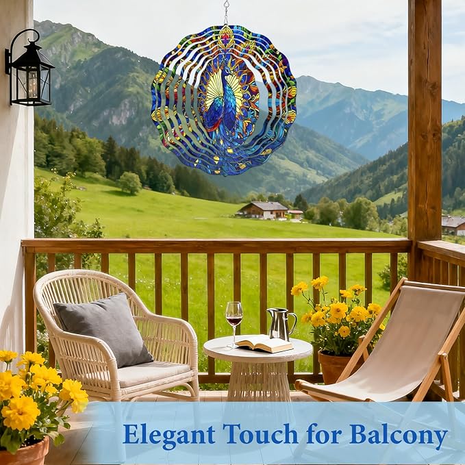 Wazzio Peacock Wind Spinners Outdoor, Peacock Gifts for Women Wife Mom Grandma, Hanging Wind Spinners for Christmas Thanksgiving, 12 inch Outdoor Indoor Hanging Ornament for Garden Porch Backyard