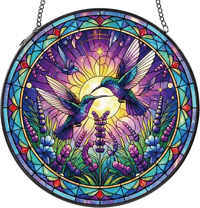Hummingbird Stained Glass Suncatcher, 8" Round Bird Window Hanging with Metal Chain, Lavender Floral Decorative Glass Art for Home Garden, Memory Gift for Mom Grandma