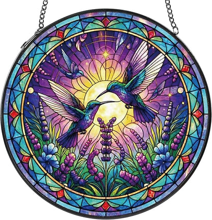 Hummingbird Stained Glass Suncatcher, 8" Round Bird Window Hanging with Metal Chain, Lavender Floral Decorative Glass Art for Home Garden, Memory Gift for Mom Grandma