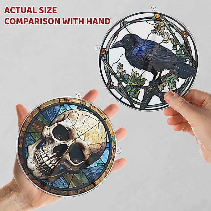 2 Halloween Raven Skull Acrylic Window Hanging 6" Ornaments, Art Gothic Decor for Home, Indoor, Garden, Housewarming, Gift for Mom, Grandma, Women, Friend SCB-A6-GT1