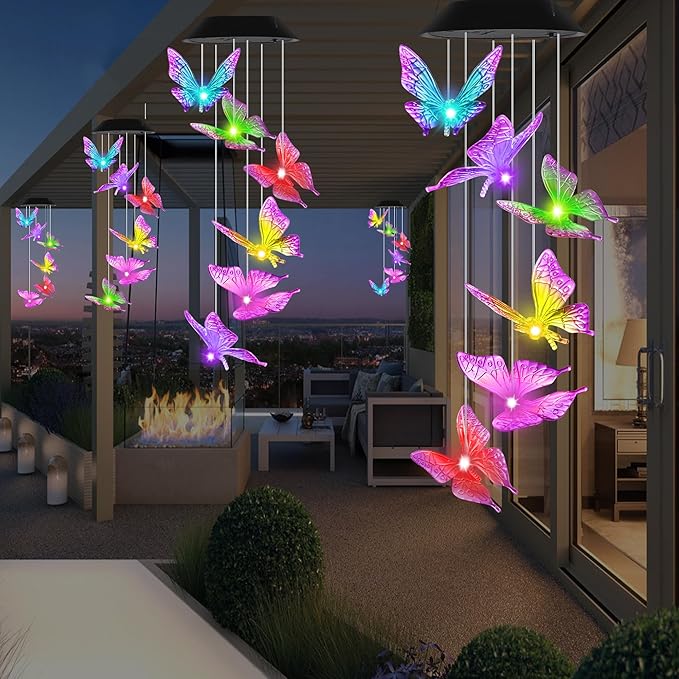 Purple Butterfly Solar Wind Chimes Outdoor Color Changing Solar Lights Garden Decor Best Gifts for Mom Decorations Mobile Windchimes Unique Chiristmas Gifts