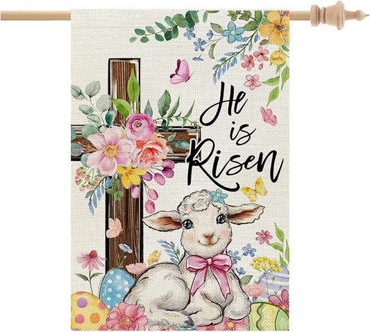 CROWNED BEAUTY Easter House Flag Cross 28x40 Inch Double Sided Large Holiday Welcome Decoration for Outside Yard