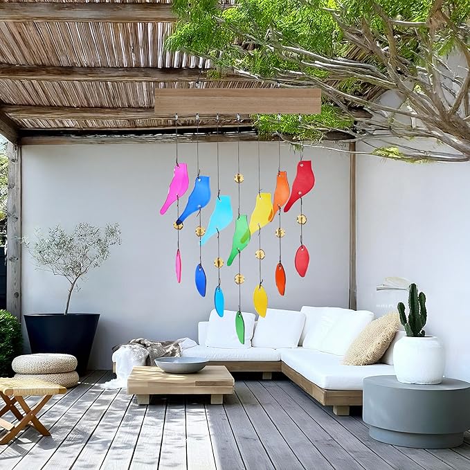 Colorful Glass Wind Chimes for Outdoor Garden & Patio - Handcrafted Bird Design Windchime, Perfect Housewarming Gift for New Home