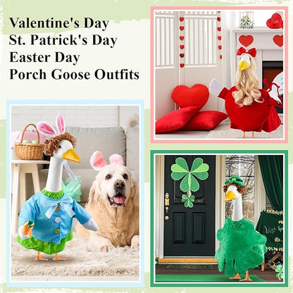 6 Set ST Patricks Day Porch Goose Outfits 23'' Easter Goose Outfit Seasonal Holiday Porch Geese Wigs Cupid Bunny Clover Clothes for Cement Geese Yard Lawn Clothing Outdoor Decor