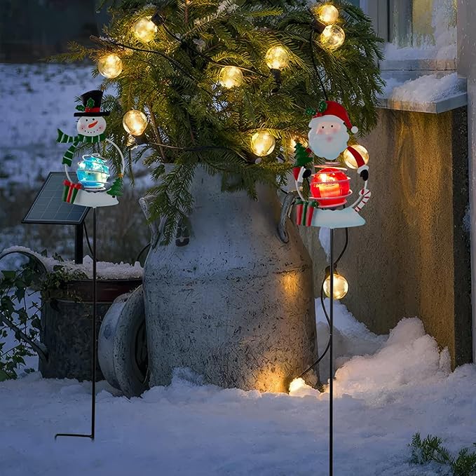 Christmas Solar Garden Lights, 27" H Snowman & Santa Claus Solar Stake Light, 2 Pack Outdoor Statues Figurine Lights for Xmas Holiday Lawn Patio Yard Decoration