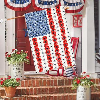 Patriotic Flower American House Flag 28 x 40 Double Sided Spring Summer Garden Decor 4th of July Memorial Independence Day Decorations Red White Blue Poppy Yard Banner for Outside