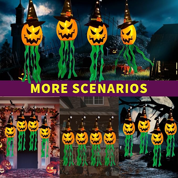 Halloween Decorations Outdoor Halloween Decor Hanging Outdoor Lights Glowing Pumpkin Witch Hat Indoor Ornaments Lights for Party Porch Tree Yard (4Pcs)