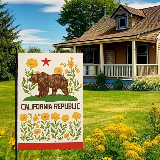 California Bear Flag Garden Flag with California Poppy Golden State Patriotic Republic Home Welcome Flags Front Porch Patio Decor Seasonal Flower CA Heavy Duty House Banner 12x18 Inch