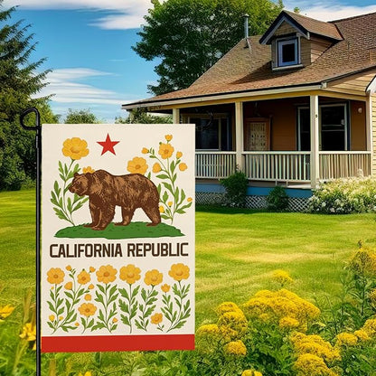 California Bear Flag Garden Flag with California Poppy Golden State Patriotic Republic Home Welcome Flags Front Porch Patio Decor Seasonal Flower CA Heavy Duty House Banner 12x18 Inch