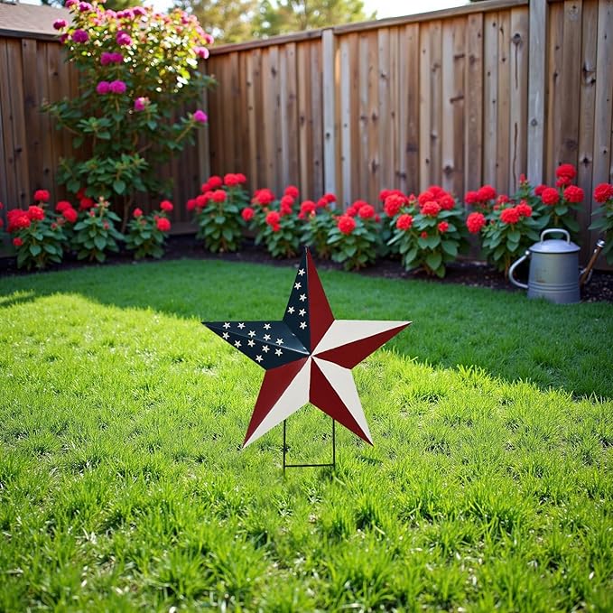 Metal Star Garden Stake 4th of July Yard Sign, Patriotic US Flag Barn Star Hanging Wall Decor for Front Porch Patio Lawn