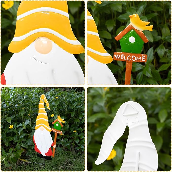 Metal Yard Signs Decor for Rust Prevention, Yard Stakes with Gnomes for Outside Garden Yard Lawn Porch Holiday Party(Yellow)