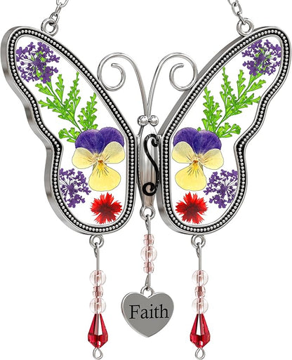 KY&BOSAM Suncatcher Butterfly Stained Glass Faith Suncatchers Ornament hangings for Windows Wind Chime with Pressed Dried Flower Wings Embedded in Glass for Mom Birthdays Christmas