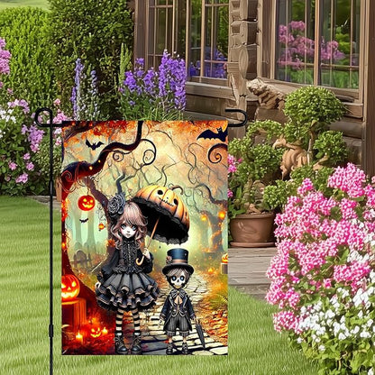 BlissYard Halloween Horror Garden Flag 12x18 Inch Gothic Doll Pumpkin Umbrella Skull Boy Flag Outdoor Yard Decoration House Banner Porch Lawn Patio Home Decor