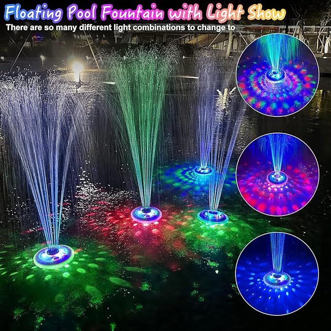 LanPool Floating Water Fountain with Underwater Lights, Powered Pump Outdoor, 2 Modes Sprinkler Waterfall Fountain for Inground Above Ground Pool, Pond-Light Blue-1PC