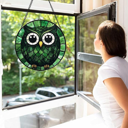 Stained Glass Window Hanging - Green Owl Suncatcher for Doors Garden Patio Funny Bird Sun Catchers Decor Christmas Mother's Day Birthday Teenager Gifts for Women Men Mom Nana Friend 6.3 in