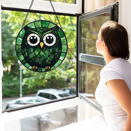 Stained Glass Window Hanging - Green Owl Suncatcher for Doors Garden Patio Funny Bird Sun Catchers Decor Christmas Mother's Day Birthday Teenager Gifts for Women Men Mom Nana Friend 7.8 in