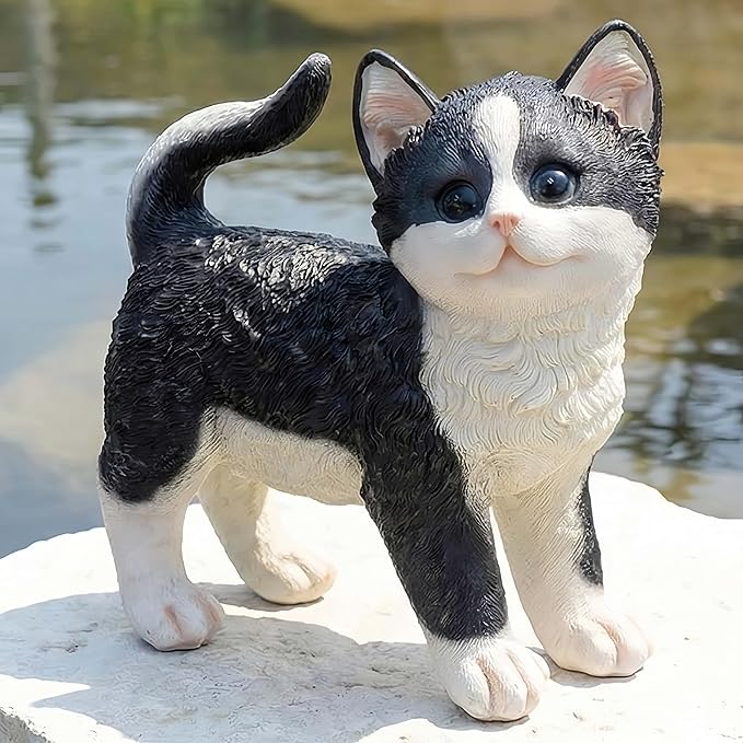 Real Black Tabby Garden Statue - Resin Realistic Cat Sculpture, Pet Loss Memorial Stone, for Cat Lovers, Indoor/Outdoor Decor, Animal Figurine for Yard Ornaments