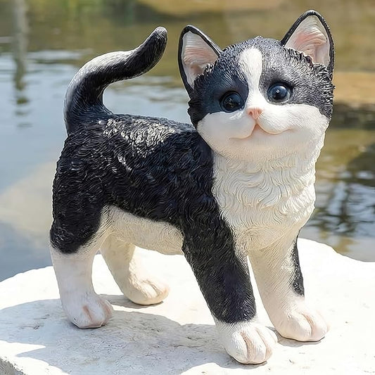 Real Black Tabby Garden Statue - Resin Realistic Cat Sculpture, Pet Loss Memorial Stone, for Cat Lovers, Indoor/Outdoor Decor, Animal Figurine for Yard Ornaments