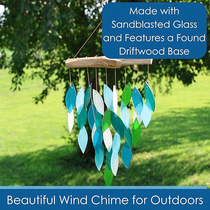 Blue Handworks Ocean Waterfall Glass and Driftwood Chime, Sandblasted Glass and Found Wood Handcrafted Wind Chime