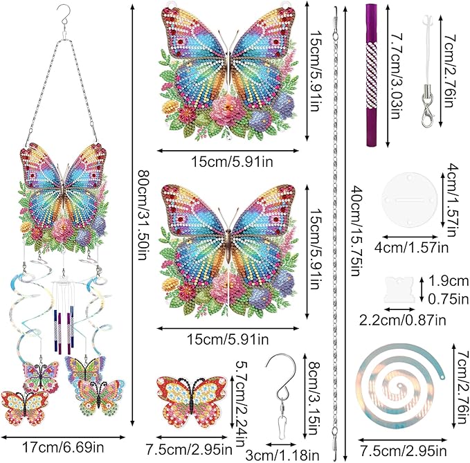 DIY Wind Chime Pendant Spring 3D Diamond Art Painting Hanging Ornament Double Sided Diamond Suncatchers for Window Home Backyard Garden Wall Door Decor-Butterfly01
