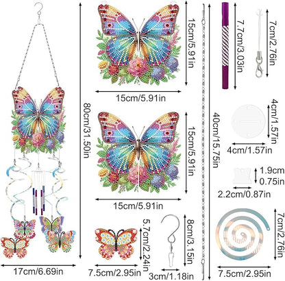 DIY Wind Chime Pendant Spring 3D Diamond Art Painting Hanging Ornament Double Sided Diamond Suncatchers for Window Home Backyard Garden Wall Door Decor-Butterfly01